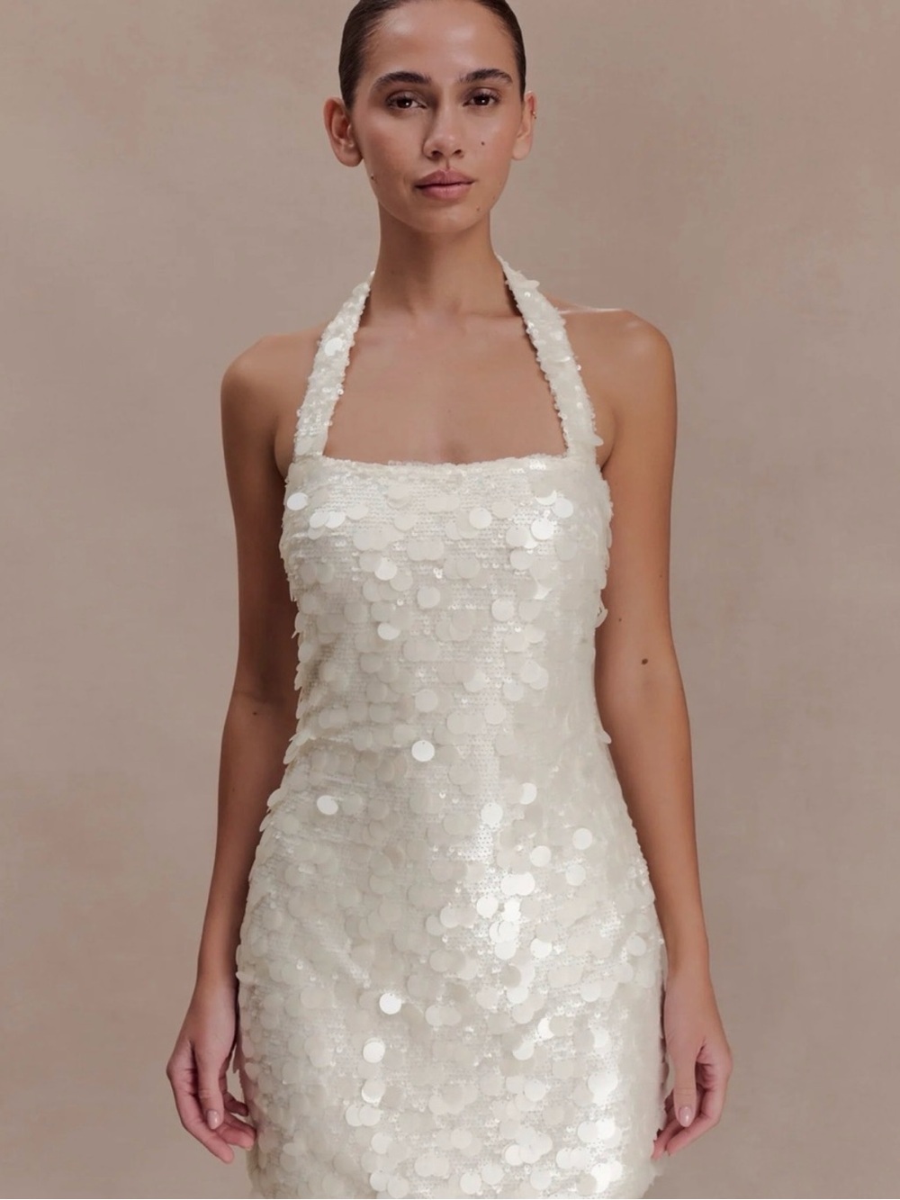 Meshki Ivory Sequin Halter Mini Dress